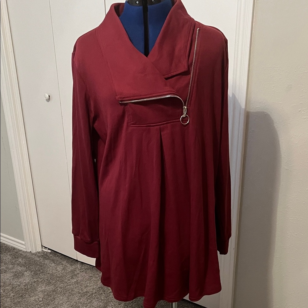 Valolia Maroon Burgundy Long Sleeve Top with Zipper Detail Off Centered - Picture 2 of 12